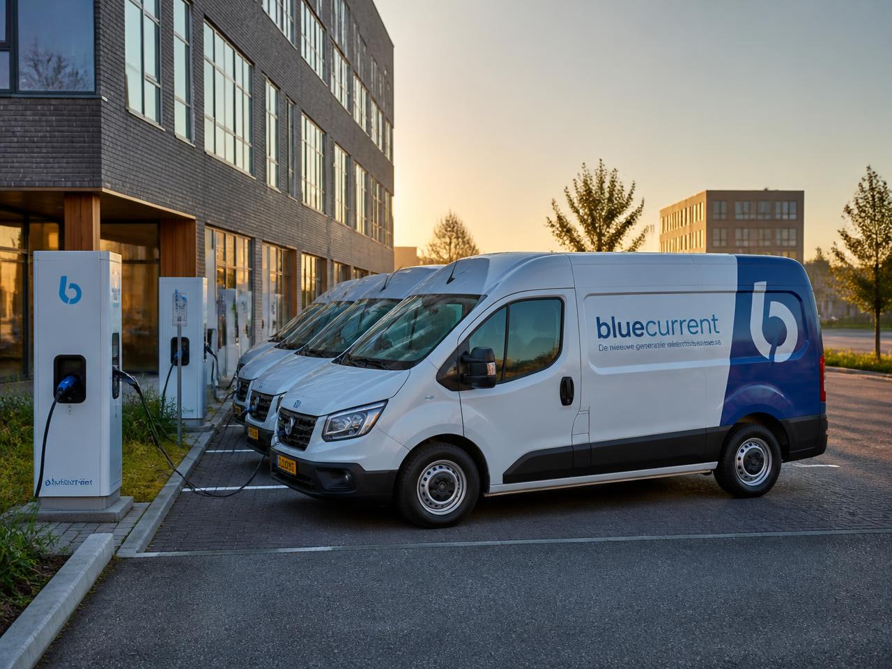 Row of white and blue electric vans charging at a business site